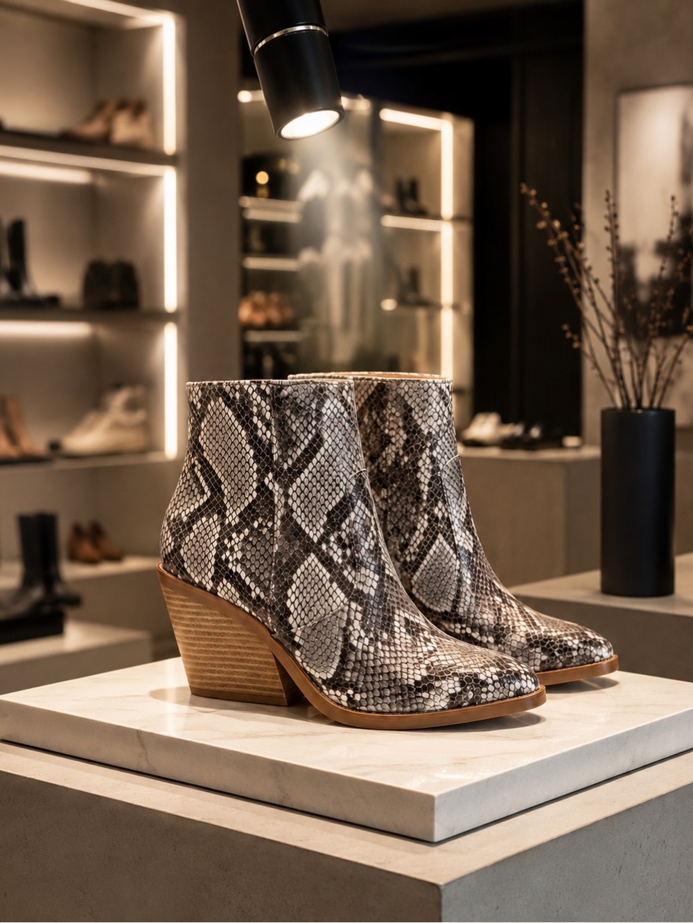 Snake Print Taupe Stacked Heel Boot  Bootie